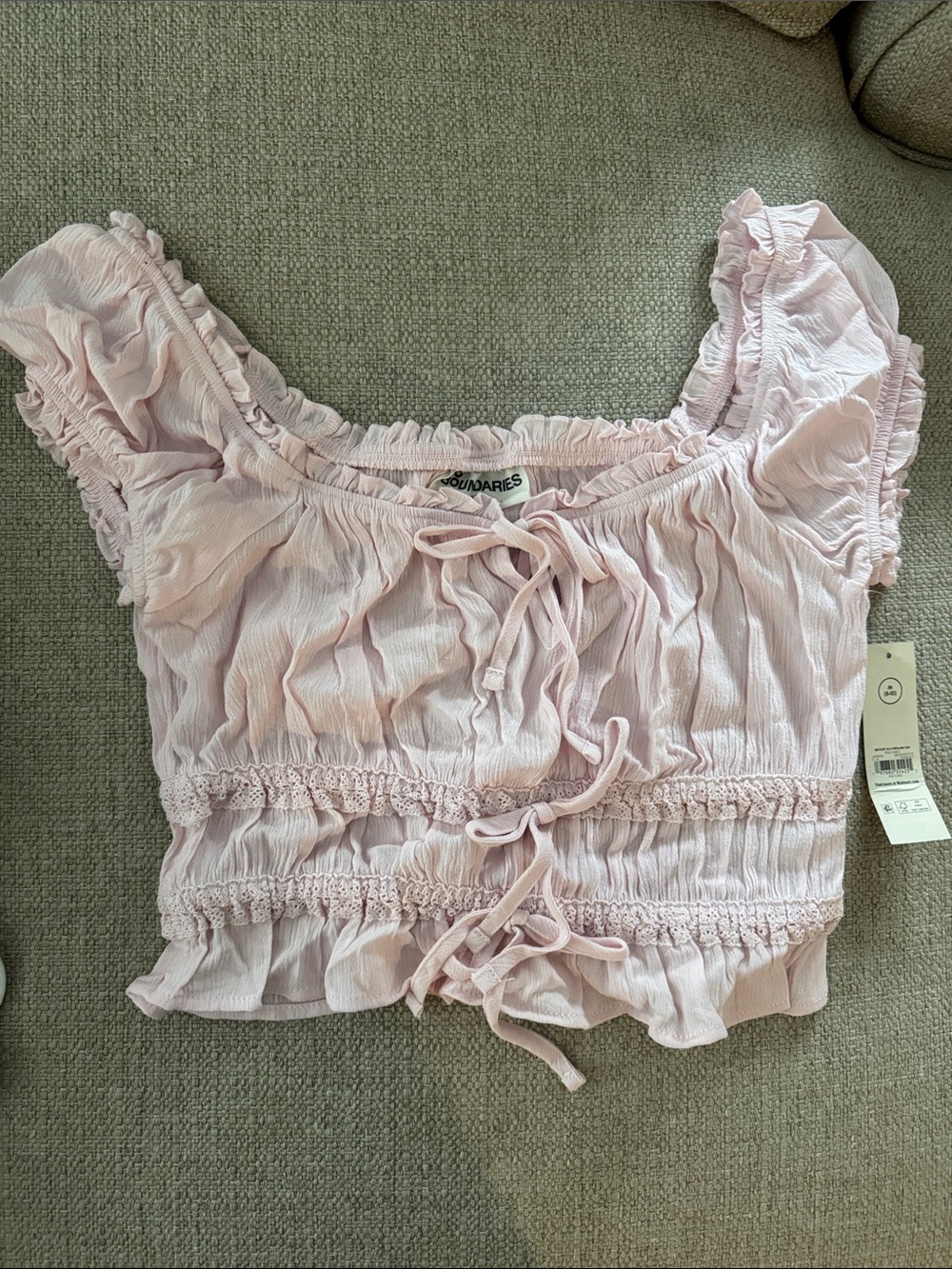 Women's Light Pink Ruffle Tie-Front Crop Top